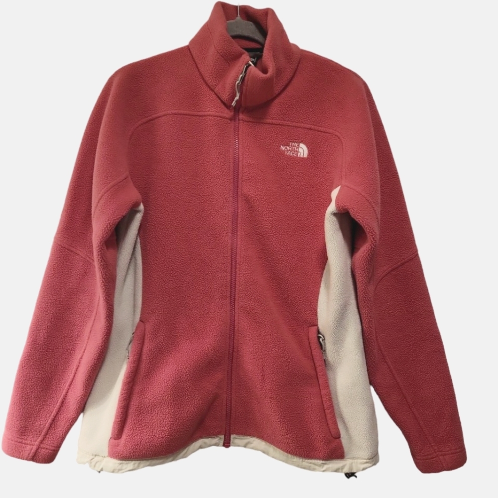 The North Face, Full Zip Up Fleece Jacket, Collar, Pink + White, Women's size Lg